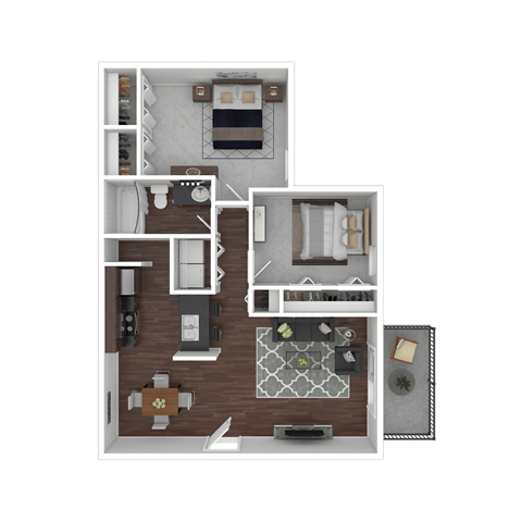 A 3D rendered image of a house layout.